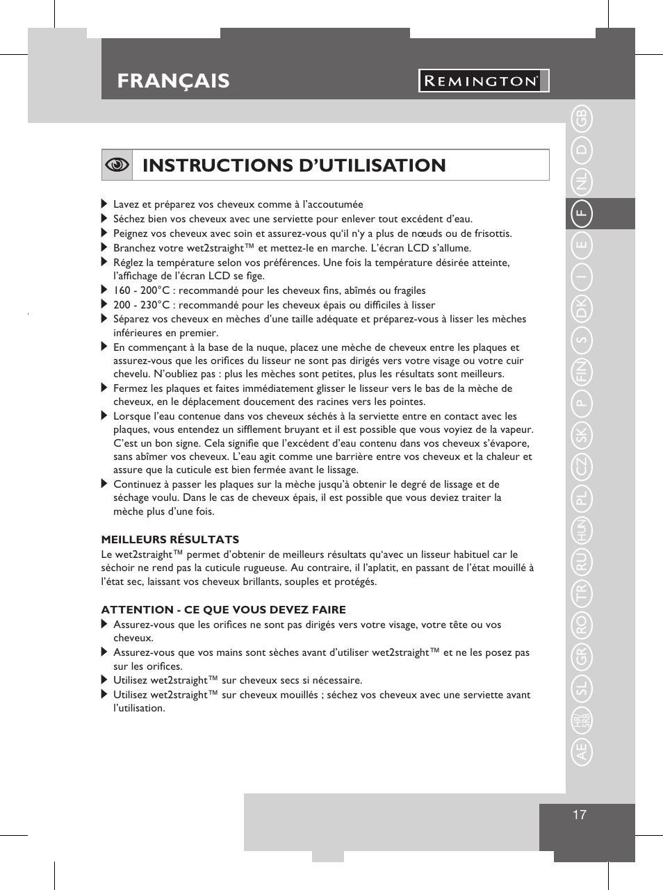 Français, Caracteristiques techniques, Instructions d’utilisation | Remington S8102 User Manual | Page 19 / 112