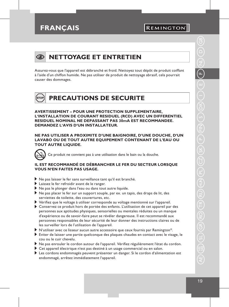 Français, Informations importantes, Nettoyage et entretien | Precautions de securite | Remington S8102 User Manual | Page 21 / 112