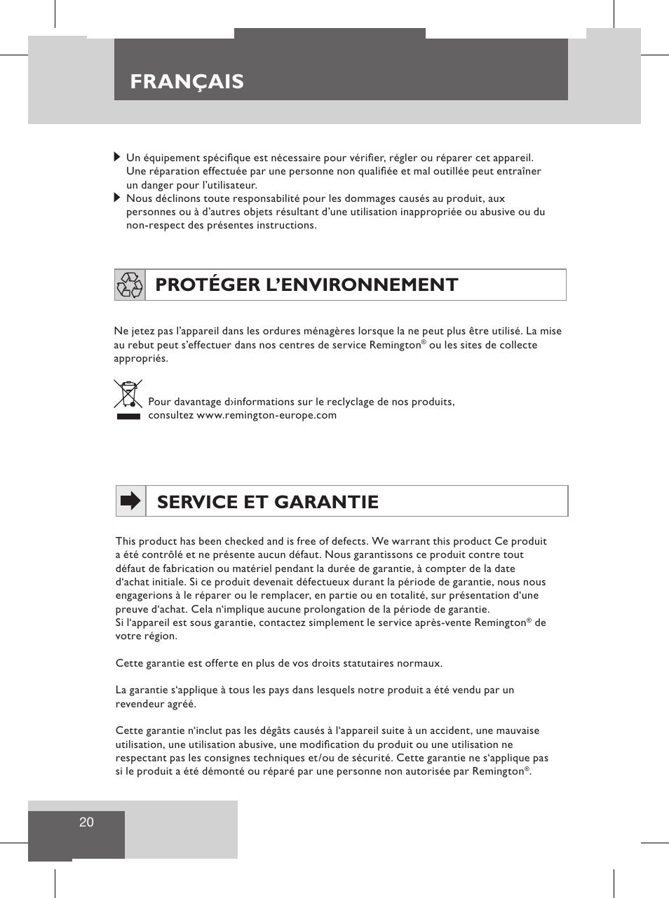 Français, Español, Service et garantie | Protéger l’environnement, Características del producto | Remington S8102 User Manual | Page 22 / 112