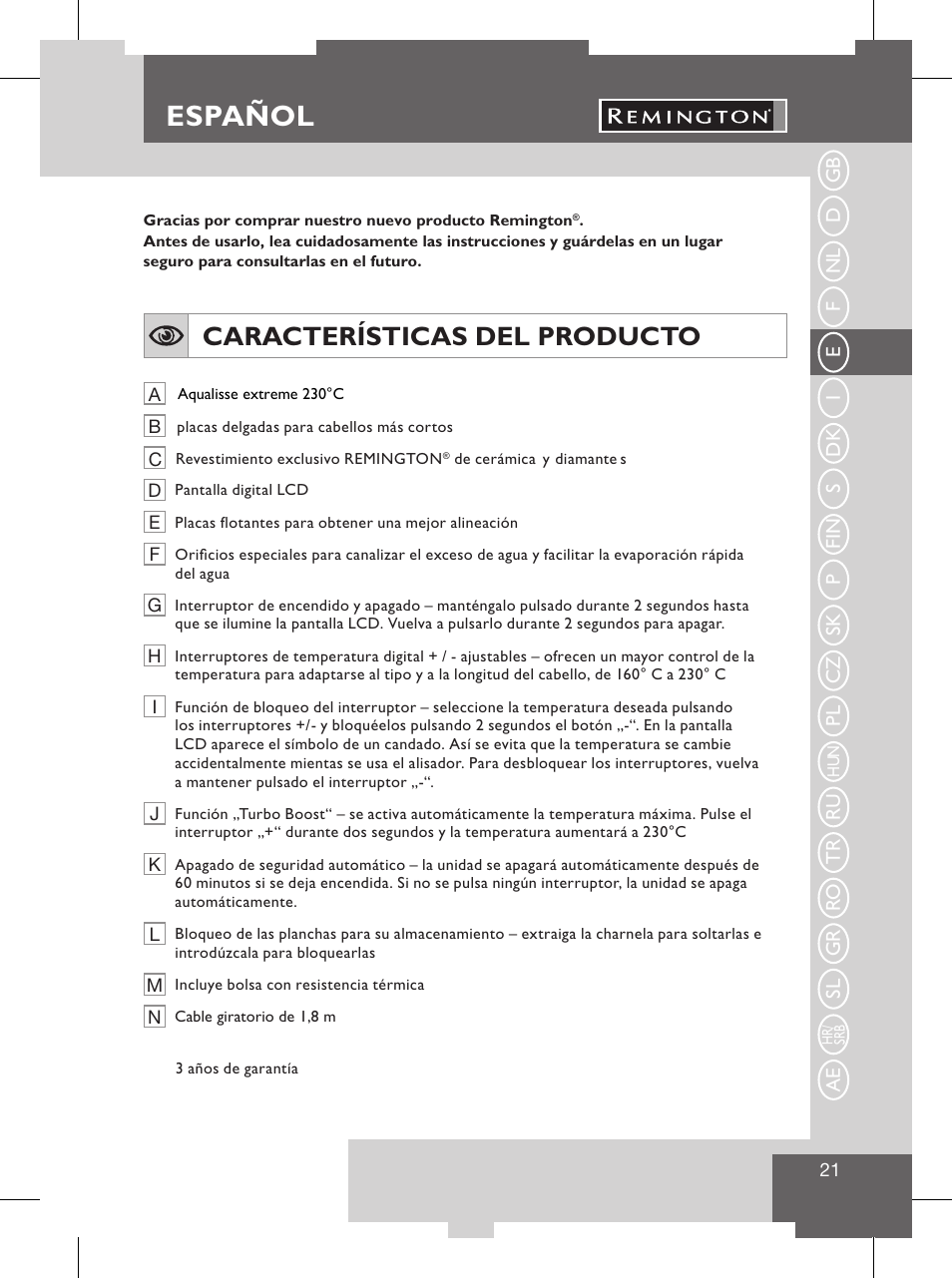 Français, Español, Service et garantie | Protéger l’environnement, Características del producto | Remington S8102 User Manual | Page 23 / 112