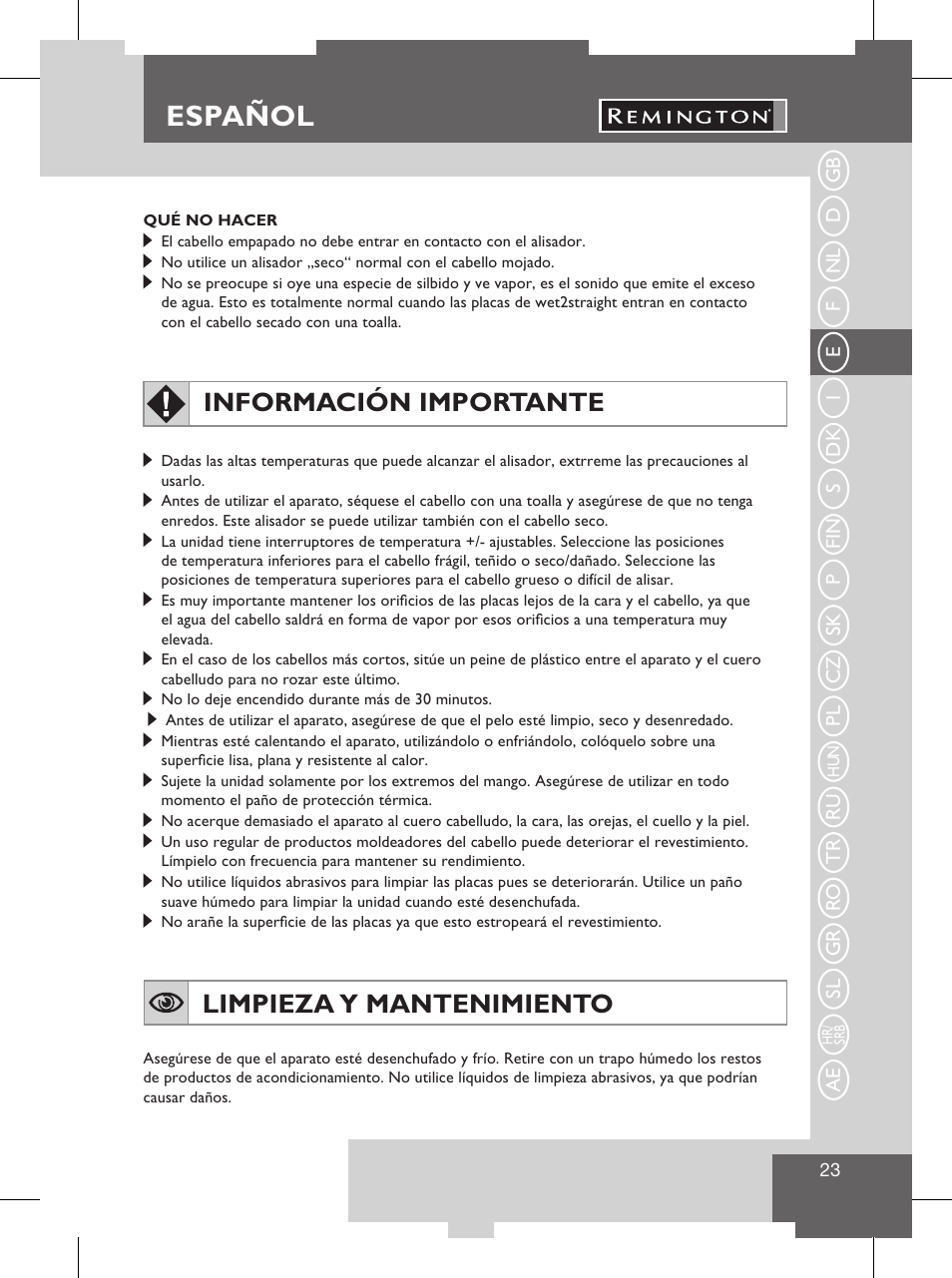 Español, Instrucciones de utilización, Limpieza y mantenimiento | Información importante | Remington S8102 User Manual | Page 25 / 112