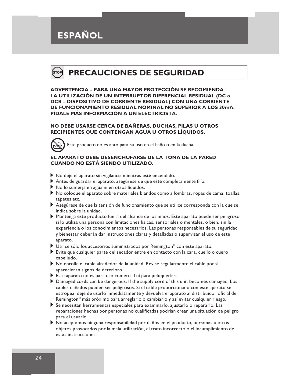 Español, Precauciones de seguridad, Servicio y garantía | Protección del medio ambiente | Remington S8102 User Manual | Page 26 / 112