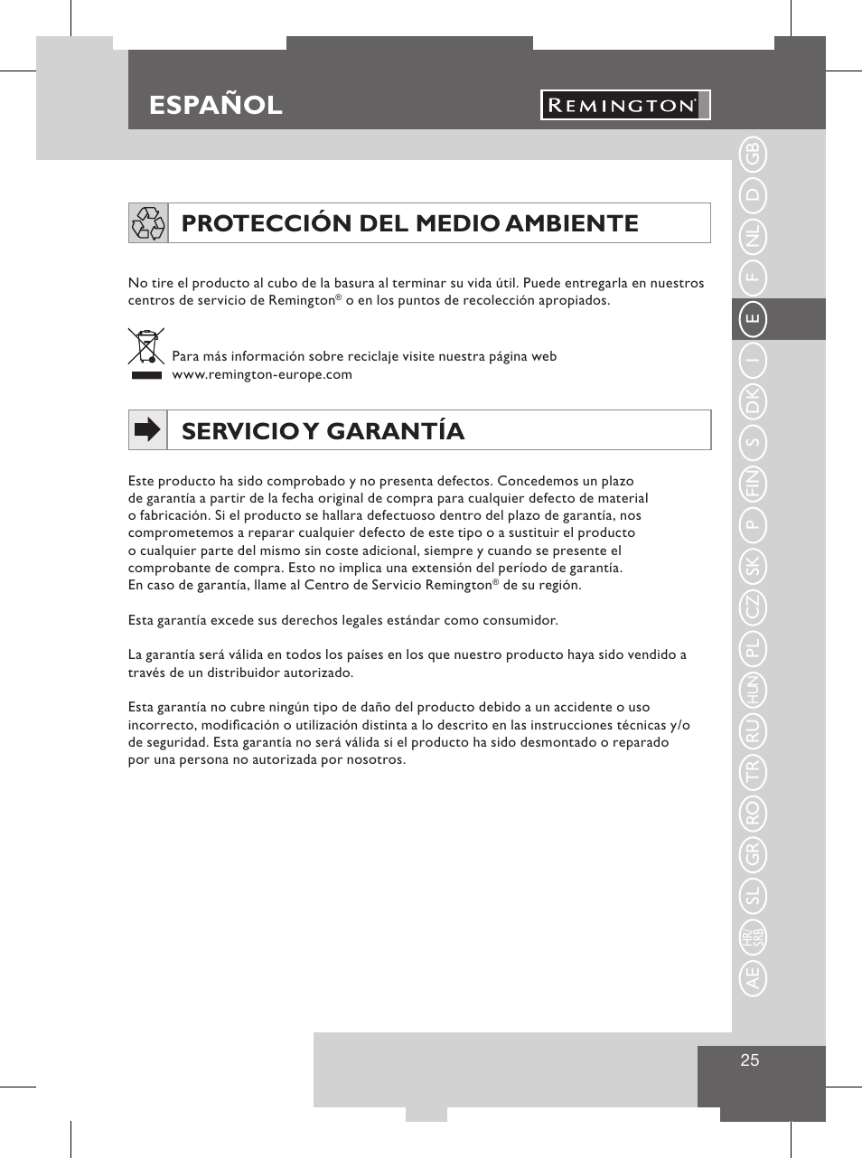 Español, Precauciones de seguridad, Servicio y garantía | Protección del medio ambiente | Remington S8102 User Manual | Page 27 / 112