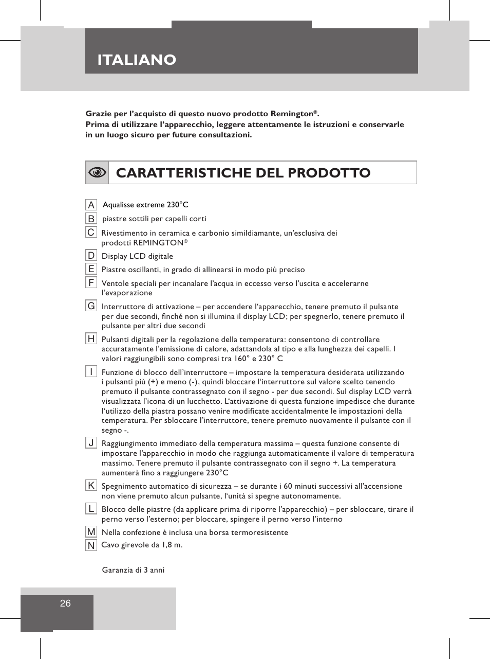 Italiano, Caratteristiche del prodotto, Istruzioni per l’uso | Remington S8102 User Manual | Page 28 / 112