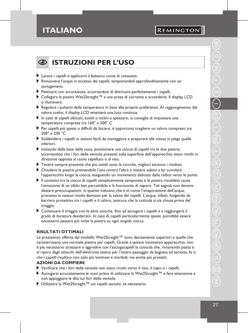 Italiano, Caratteristiche del prodotto, Istruzioni per l’uso | Remington S8102 User Manual | Page 29 / 112