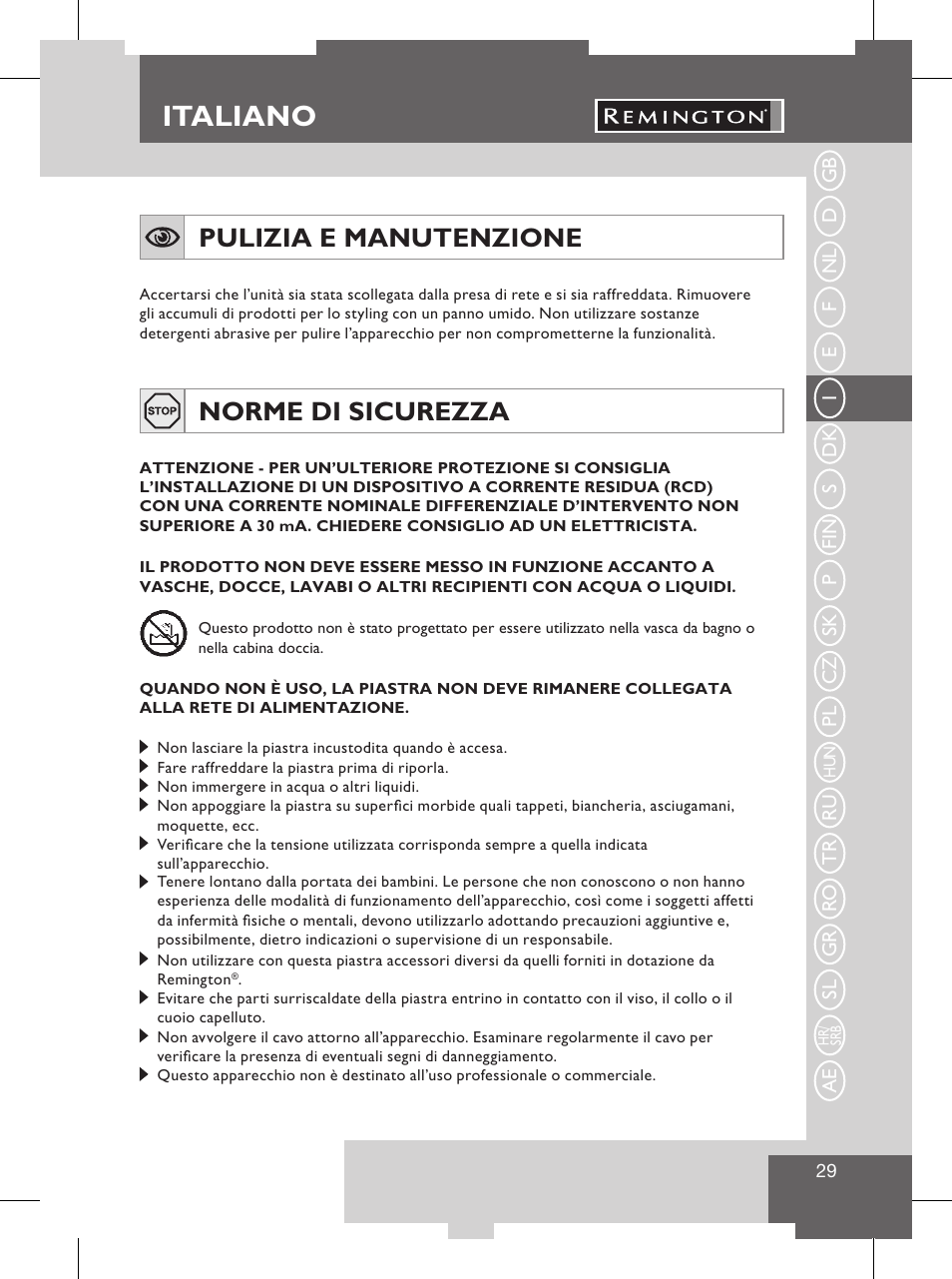Italiano, Informazioni importanti, Pulizia e manutenzione | Norme di sicurezza | Remington S8102 User Manual | Page 31 / 112