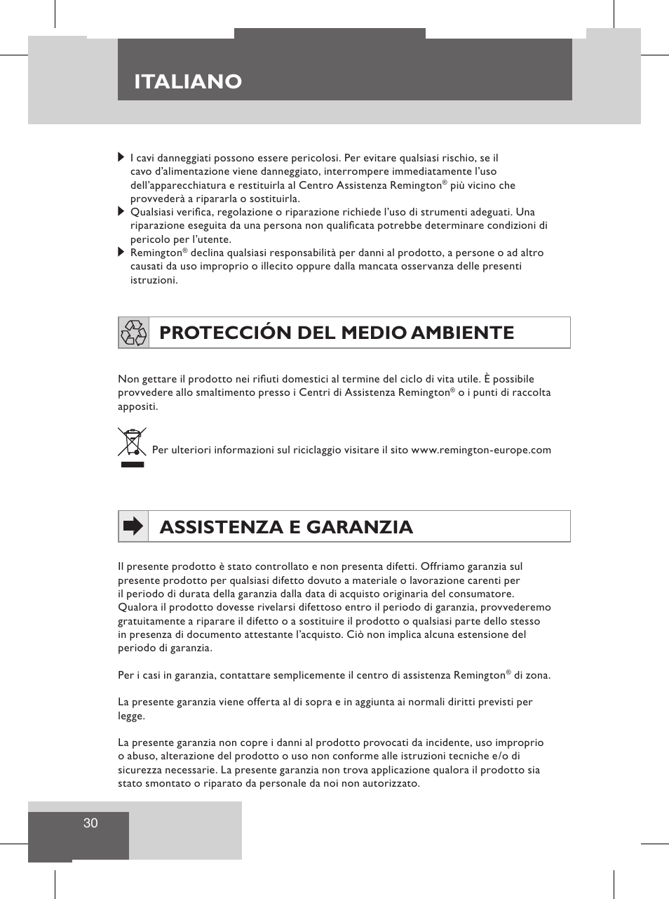 Italiano, Dansk, Assistenza e garanzia | Protección del medio ambiente, Produktegenskaber | Remington S8102 User Manual | Page 32 / 112