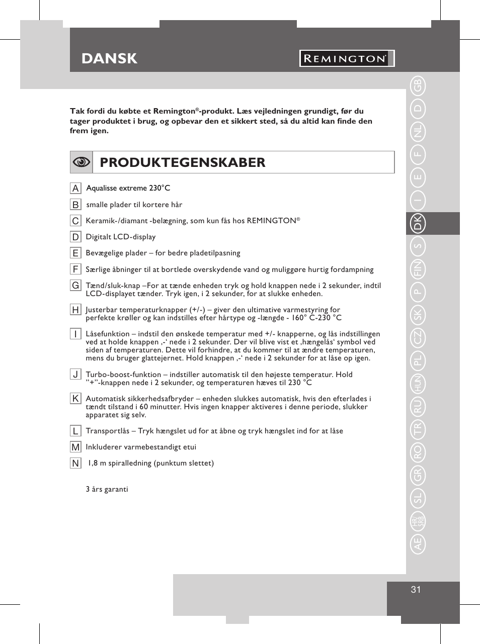 Italiano, Dansk, Assistenza e garanzia | Protección del medio ambiente, Produktegenskaber | Remington S8102 User Manual | Page 33 / 112