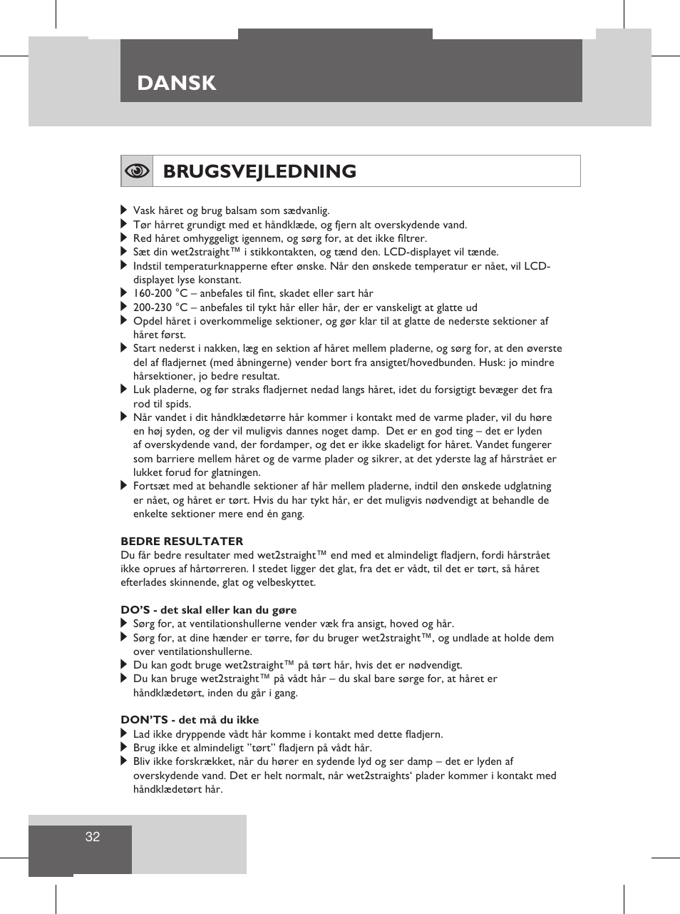 Dansk, Brugsvejledning, Vigtige anvisninger | Sikkerhedsforanstaltninger | Remington S8102 User Manual | Page 34 / 112
