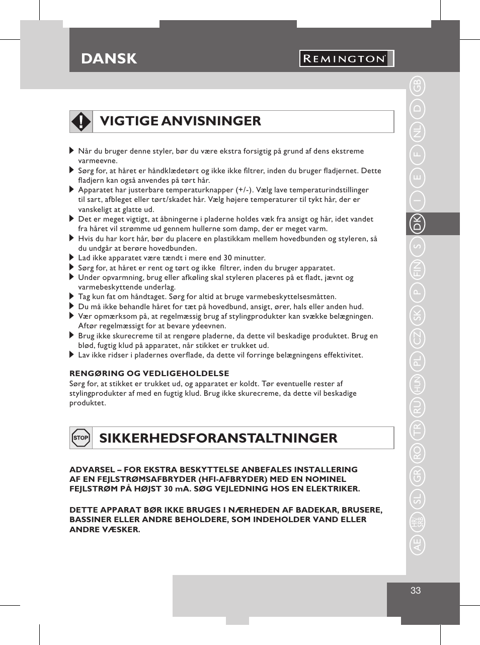 Dansk, Brugsvejledning, Vigtige anvisninger | Sikkerhedsforanstaltninger | Remington S8102 User Manual | Page 35 / 112