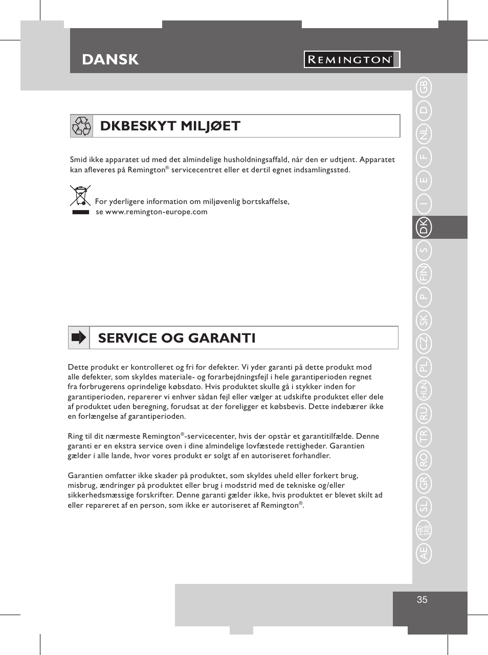 Dansk, Service og garanti, Dk beskyt miljøet | Remington S8102 User Manual | Page 37 / 112