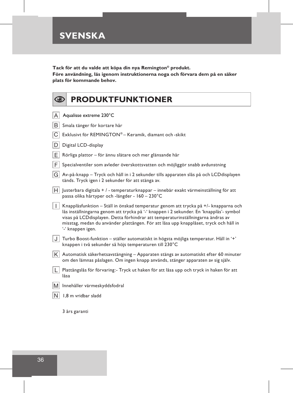 Svenska, Produktfunktioner, Användarinstruktioner | Remington S8102 User Manual | Page 38 / 112