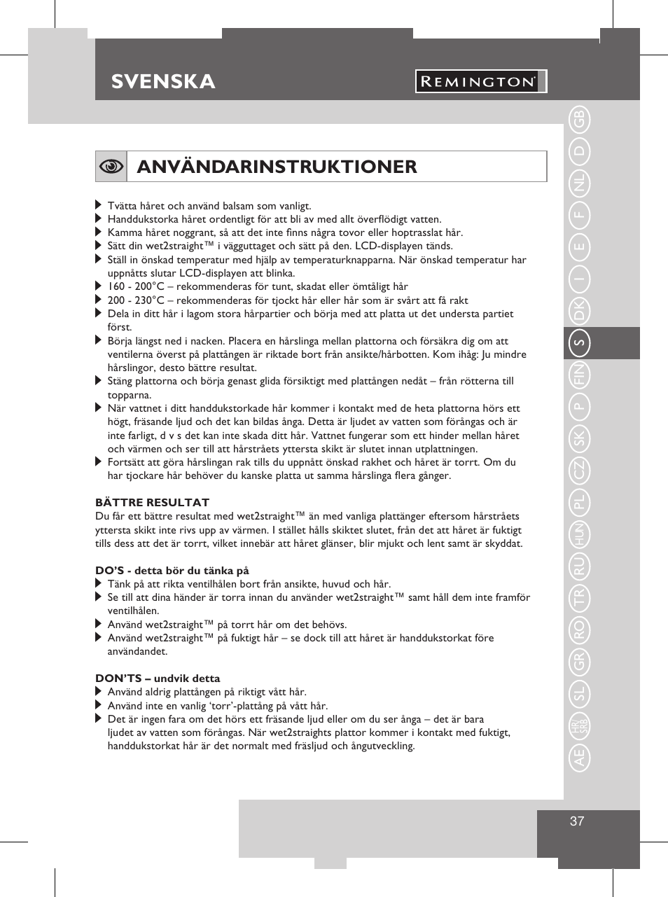 Svenska, Produktfunktioner, Användarinstruktioner | Remington S8102 User Manual | Page 39 / 112