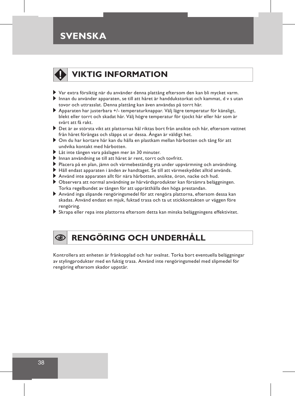 Svenska, Viktig information, Rengöring och underhåll | Säkerhetsåtgärder | Remington S8102 User Manual | Page 40 / 112