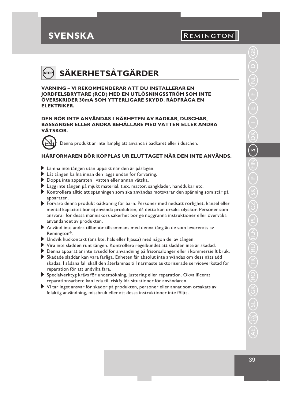 Svenska, Viktig information, Rengöring och underhåll | Säkerhetsåtgärder | Remington S8102 User Manual | Page 41 / 112