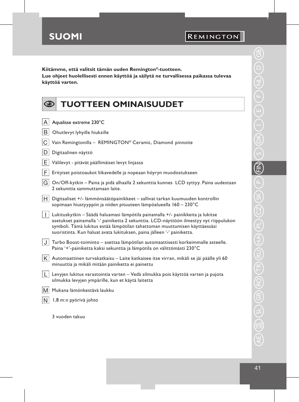 Svenska, Suomi, Service och garanti | Skydda miljön, Tuotteen ominaisuudet | Remington S8102 User Manual | Page 43 / 112