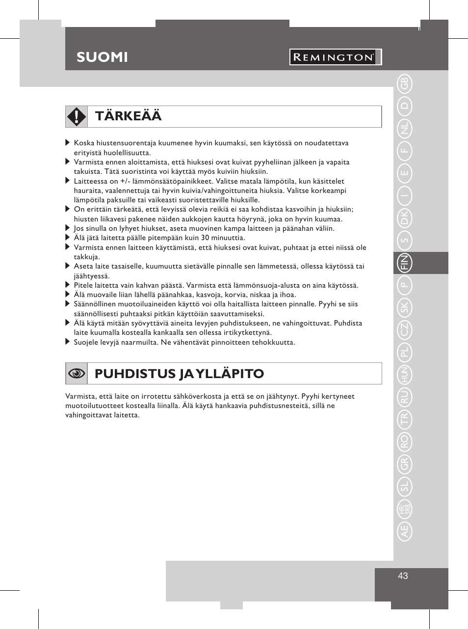 Suomi, Käyttöohje, Puhdistus ja ylläpito | Tärkeää | Remington S8102 User Manual | Page 45 / 112