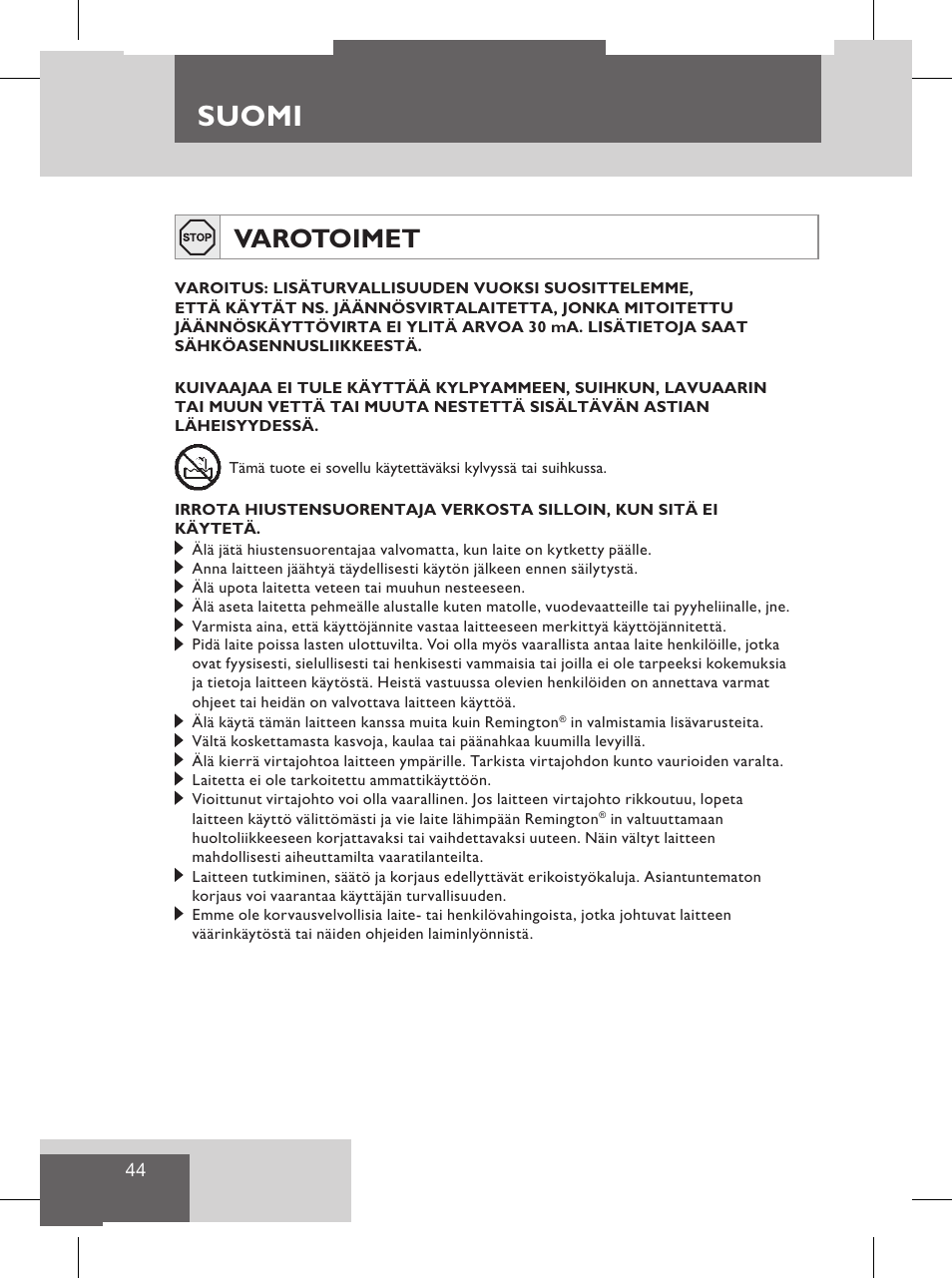 Suomi, Varotoimet, Huolto ja takuu | Suojele ympäristöä | Remington S8102 User Manual | Page 46 / 112