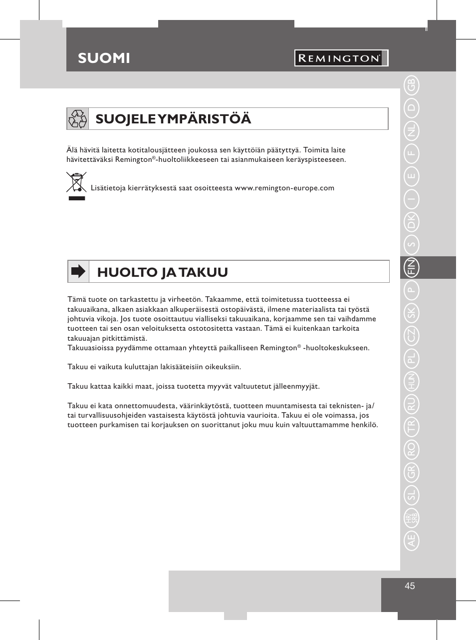 Suomi, Varotoimet, Huolto ja takuu | Suojele ympäristöä | Remington S8102 User Manual | Page 47 / 112