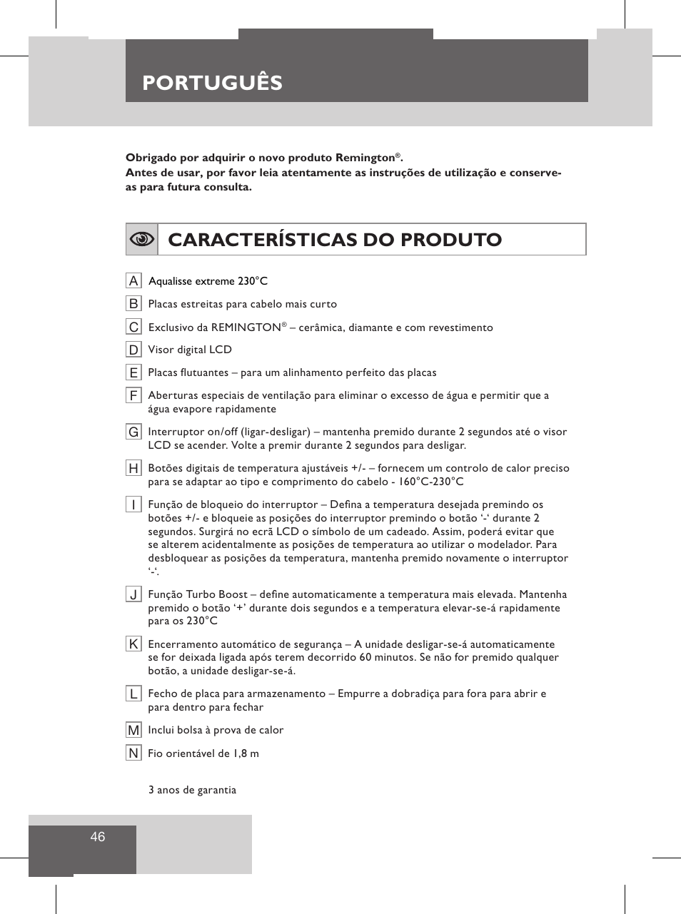 Português, Características do produto, Instruções de uso | Remington S8102 User Manual | Page 48 / 112