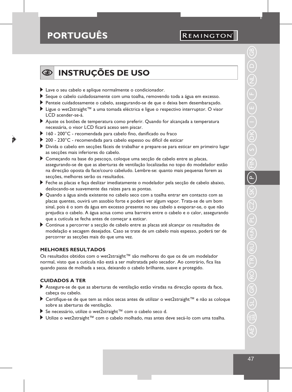 Português, Características do produto, Instruções de uso | Remington S8102 User Manual | Page 49 / 112