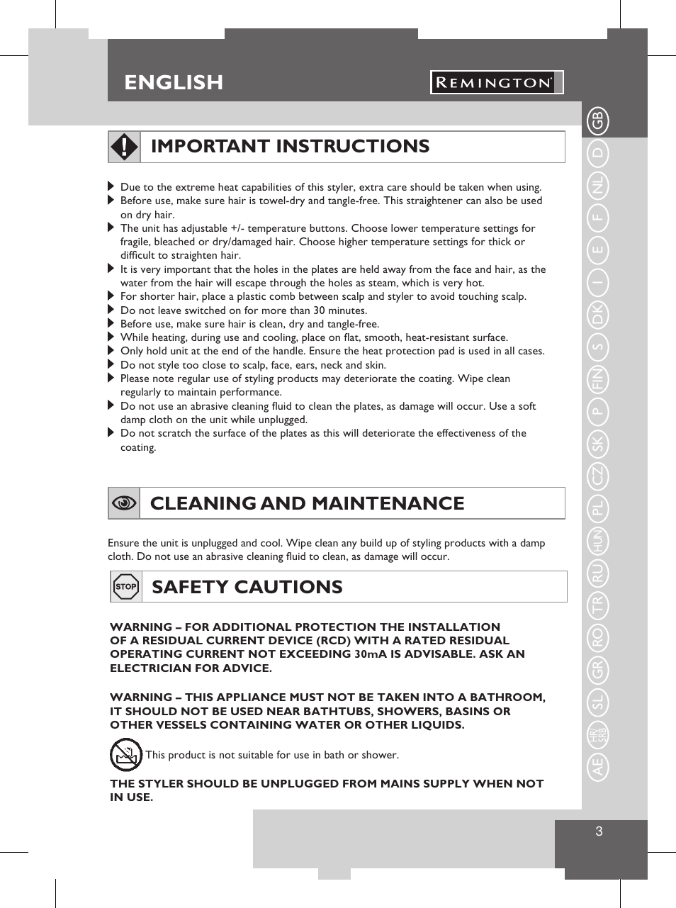 English, Instructions for use, Cleaning and maintenance | Important instructions, Safety cautions | Remington S8102 User Manual | Page 5 / 112