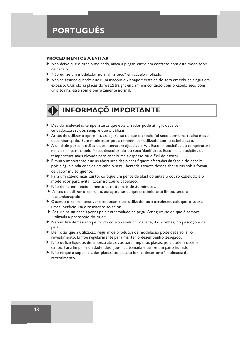 Português, Informaçõ importante, Limpeza e manutenção | Precauções de segurança | Remington S8102 User Manual | Page 50 / 112