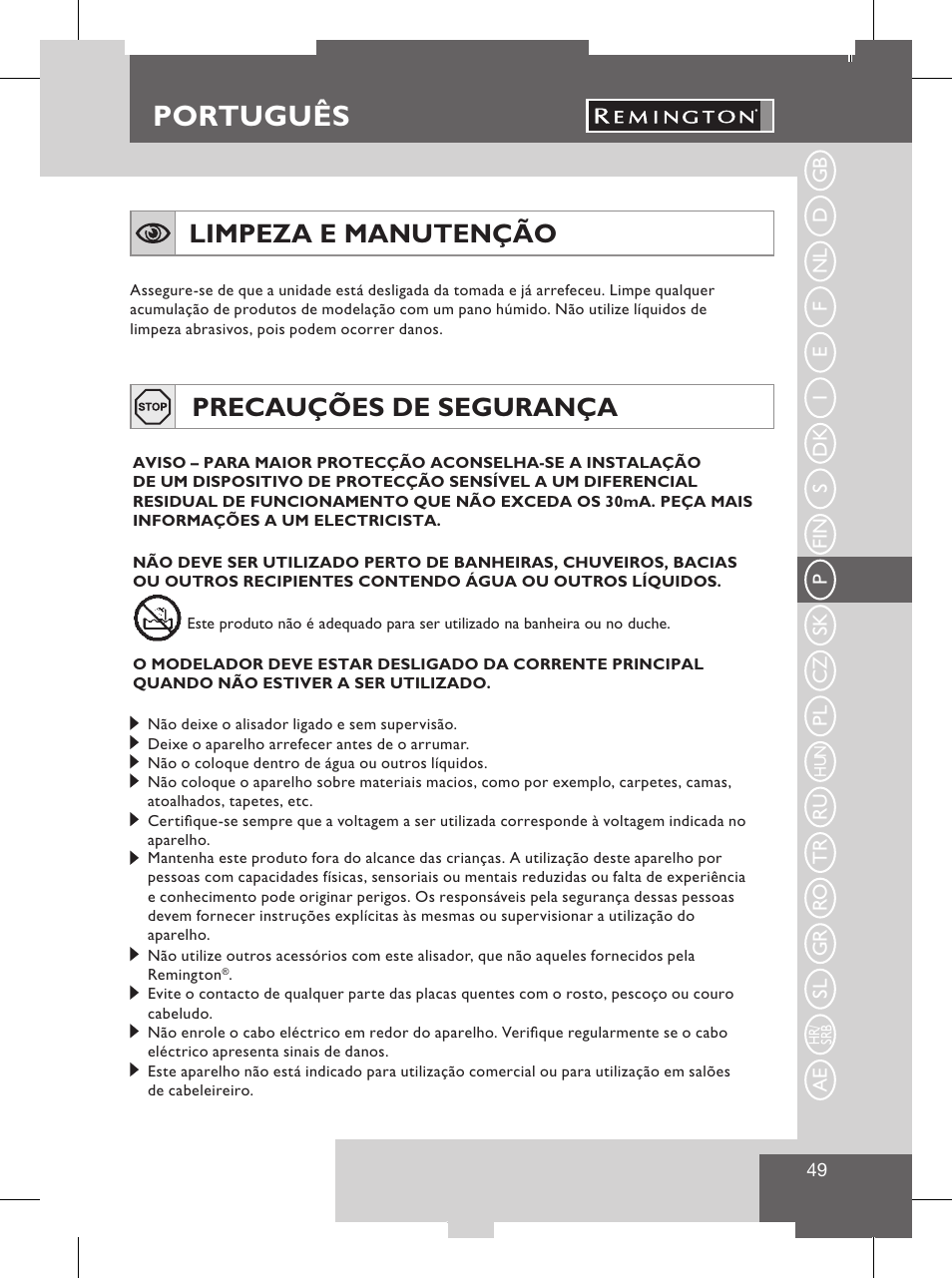 Português, Informaçõ importante, Limpeza e manutenção | Precauções de segurança | Remington S8102 User Manual | Page 51 / 112