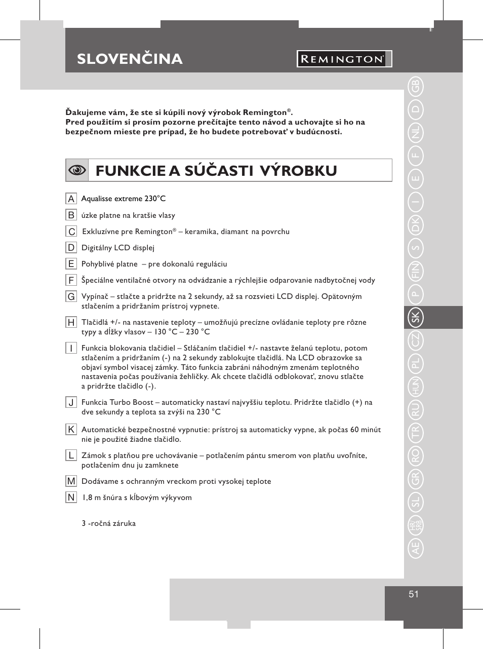 Português, Sloven ina, Slovenčina | Funkcie a súčasti výrobku, Assistência técnica e garantia, Proteger o ambiente | Remington S8102 User Manual | Page 53 / 112