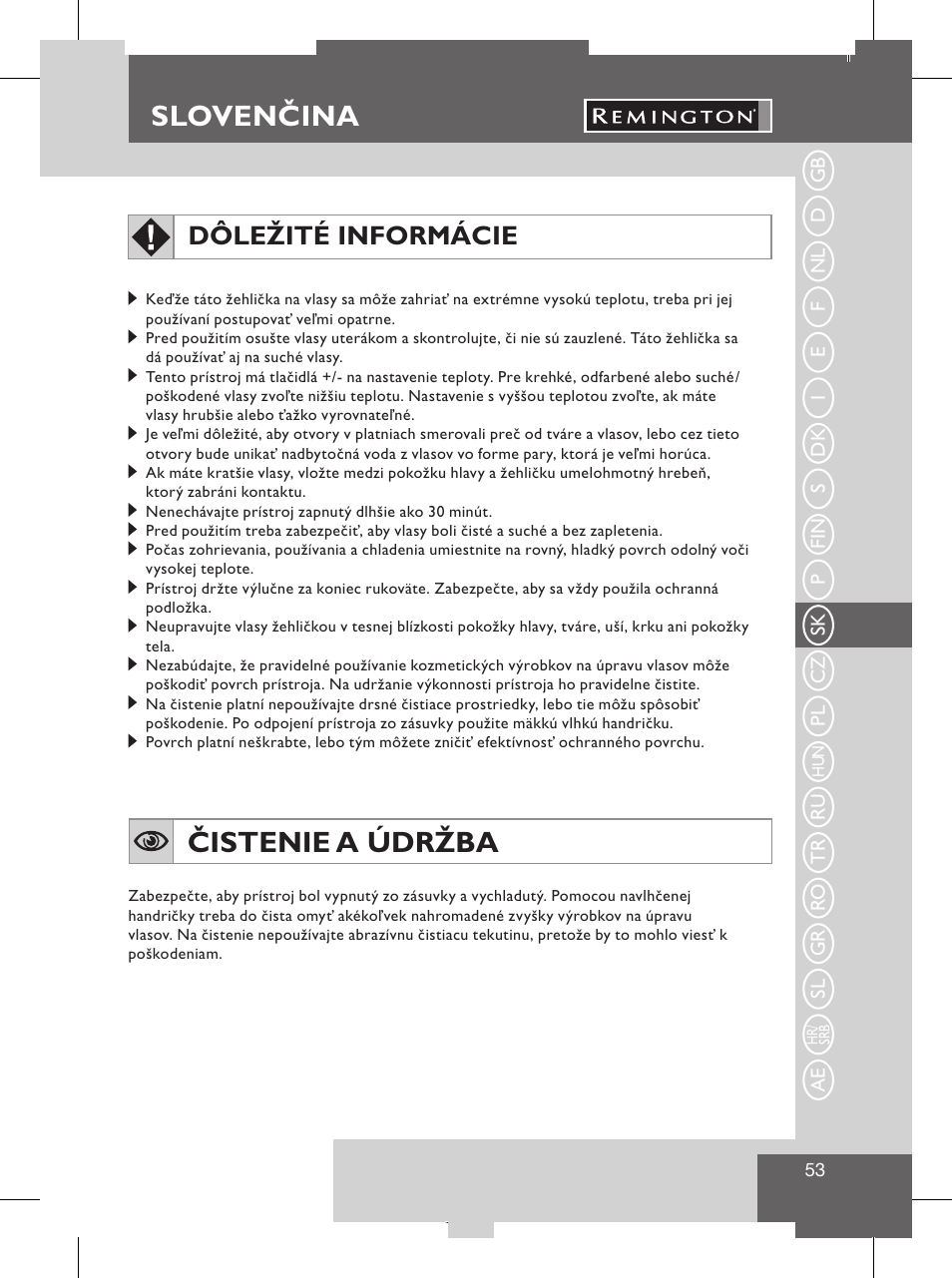 Sloven ina, Slovenčina návod na používanie, Slovenčina | Čistenie a údržba, Dôležité informácie | Remington S8102 User Manual | Page 55 / 112