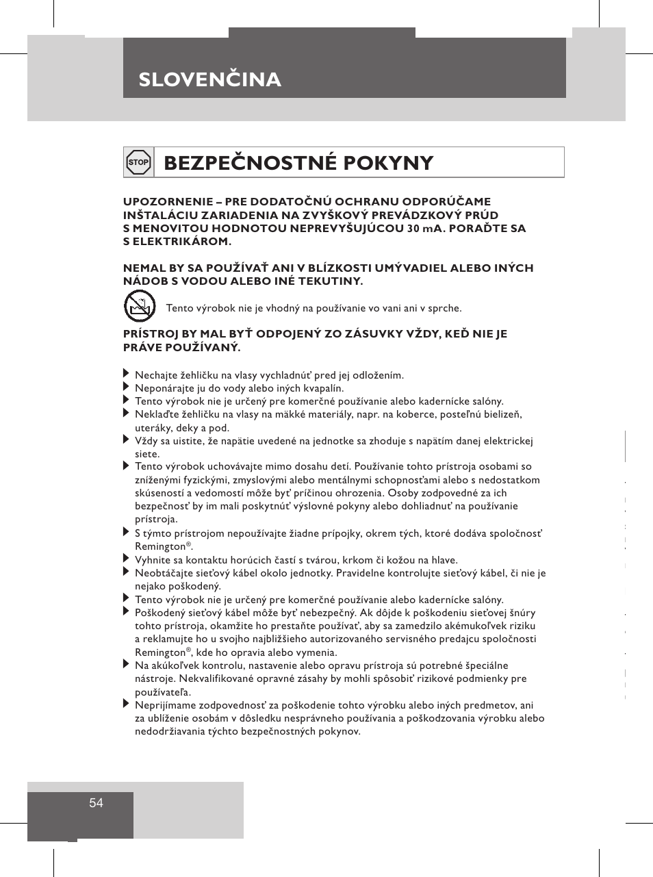 Sloven ina, Slovenčina bezpečnostné pokyny, Slovenčina servis a záruka | Ochrana životného prostredia | Remington S8102 User Manual | Page 56 / 112