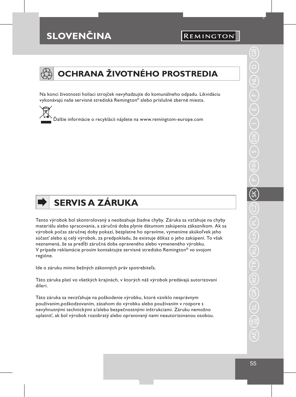 Sloven ina, Slovenčina bezpečnostné pokyny, Slovenčina servis a záruka | Ochrana životného prostredia | Remington S8102 User Manual | Page 57 / 112