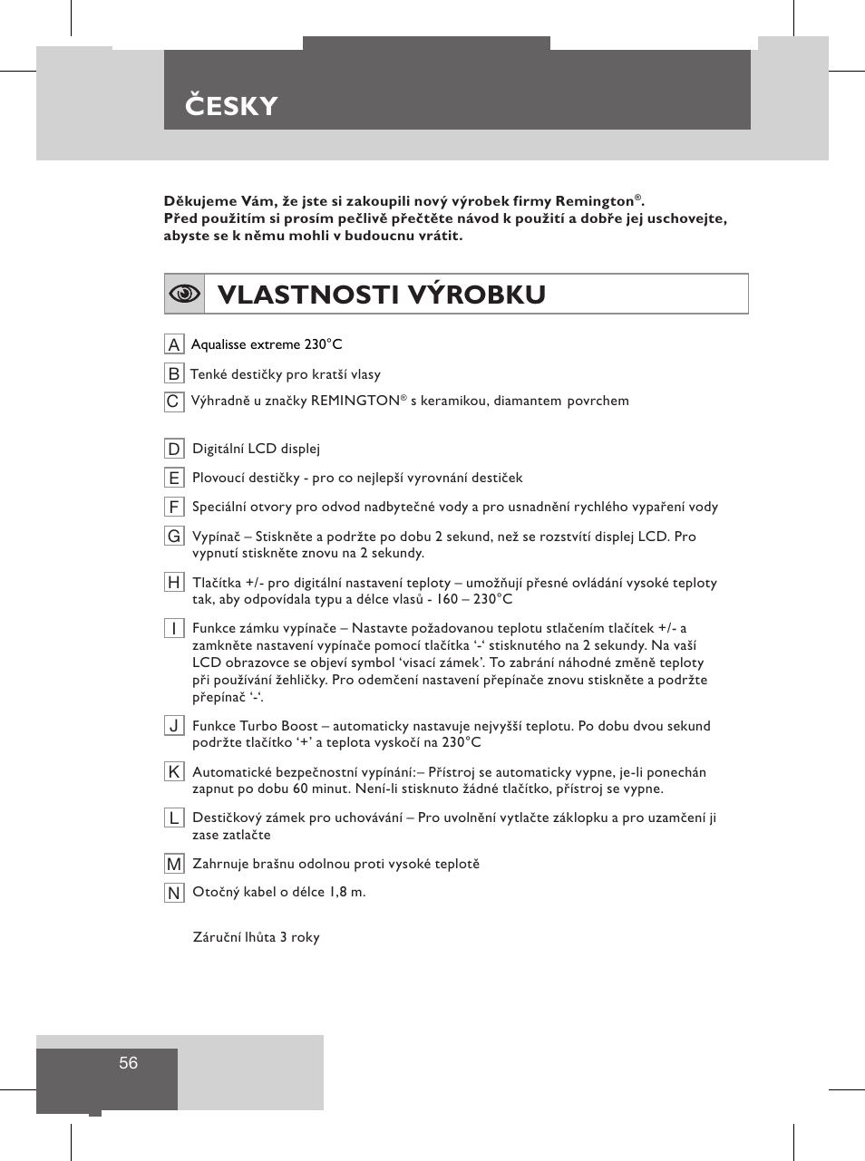 Česky, Vlastnosti výrobku, Návod k použití | Remington S8102 User Manual | Page 58 / 112