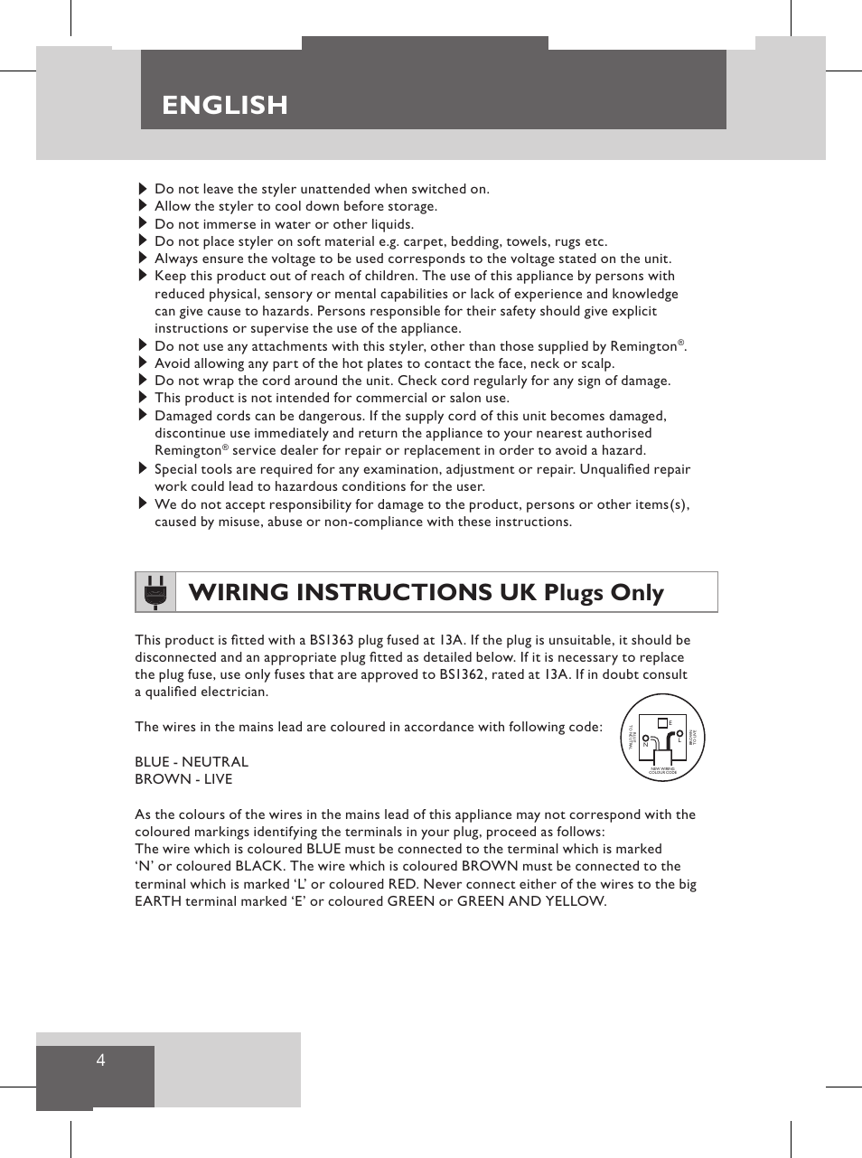 English, Wiring instructions uk plugs only, Service and warranty | Protect the environment, Ru tr ro gr sl ae | Remington S8102 User Manual | Page 6 / 112