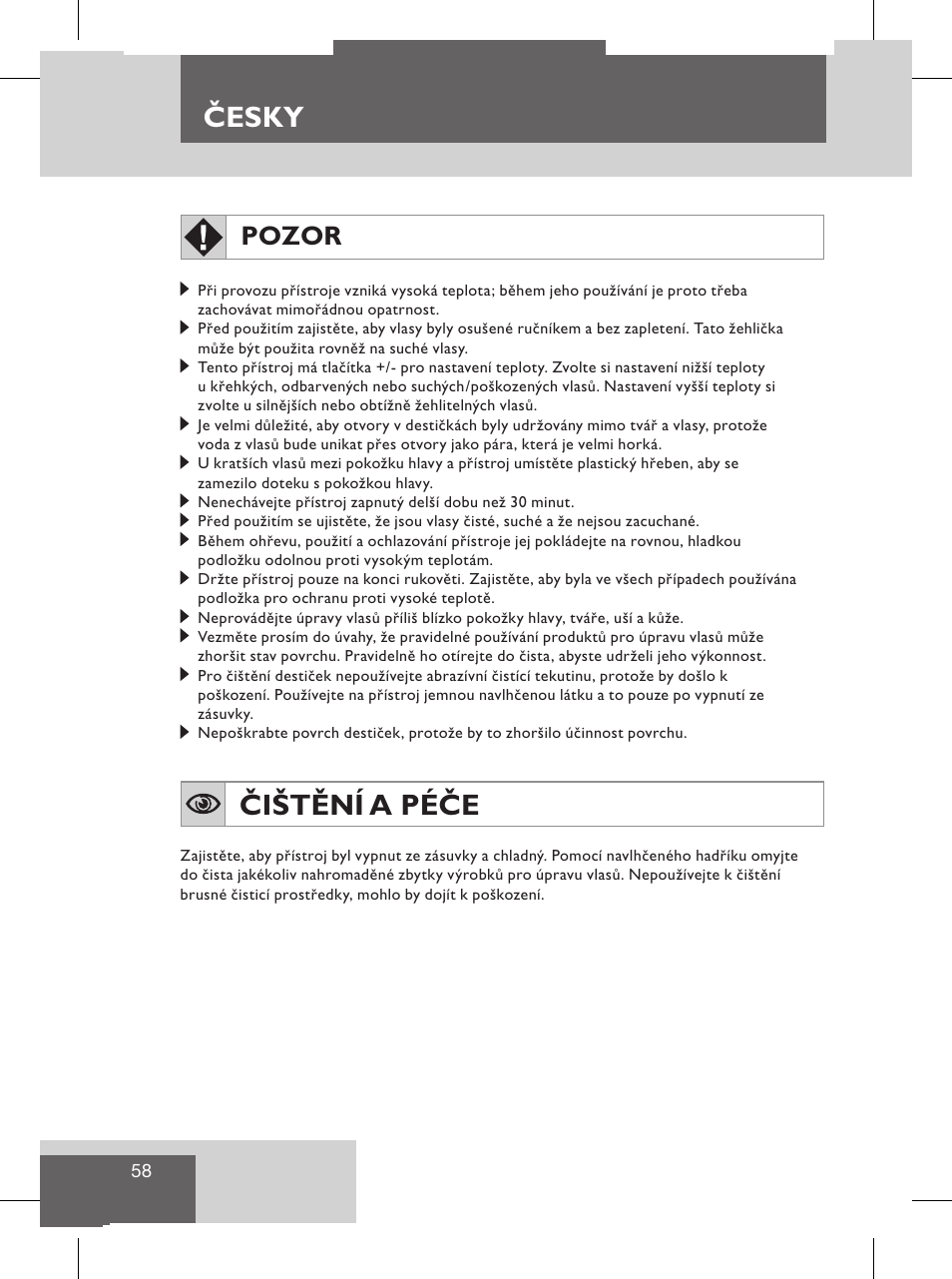Čištění a péče, Česky, Esky | Česky bezpečnostní pokyny, Pozor | Remington S8102 User Manual | Page 60 / 112
