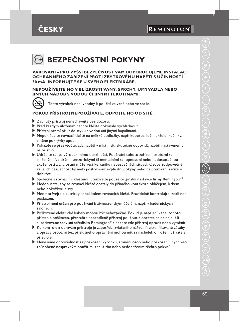 Čištění a péče, Česky, Esky | Česky bezpečnostní pokyny, Pozor | Remington S8102 User Manual | Page 61 / 112