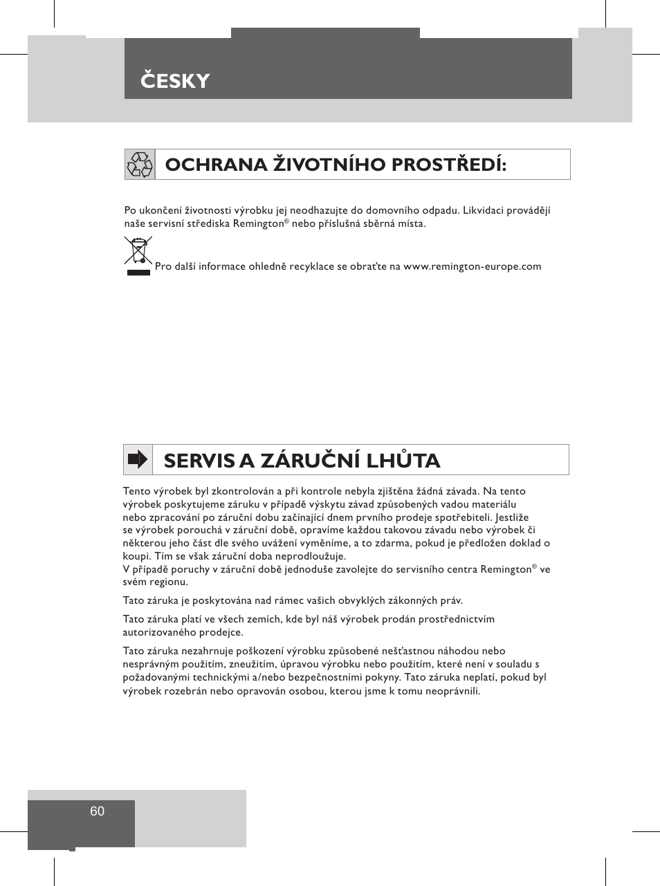 Esky, Česky servis a záruční lhůta, Polski | Cechy produktu, Ochrana životního prostředí | Remington S8102 User Manual | Page 62 / 112