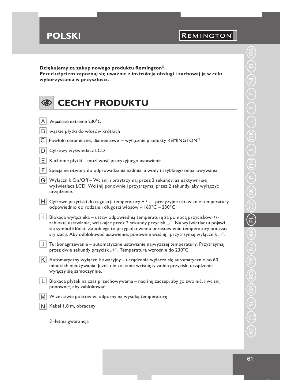 Esky, Česky servis a záruční lhůta, Polski | Cechy produktu, Ochrana životního prostředí | Remington S8102 User Manual | Page 63 / 112