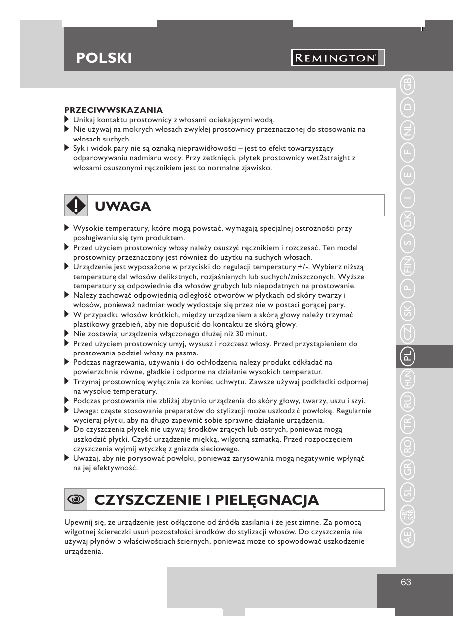 Polski, Instrukcja obsługi, Czyszczenie i pielęgnacja | Uwaga | Remington S8102 User Manual | Page 65 / 112