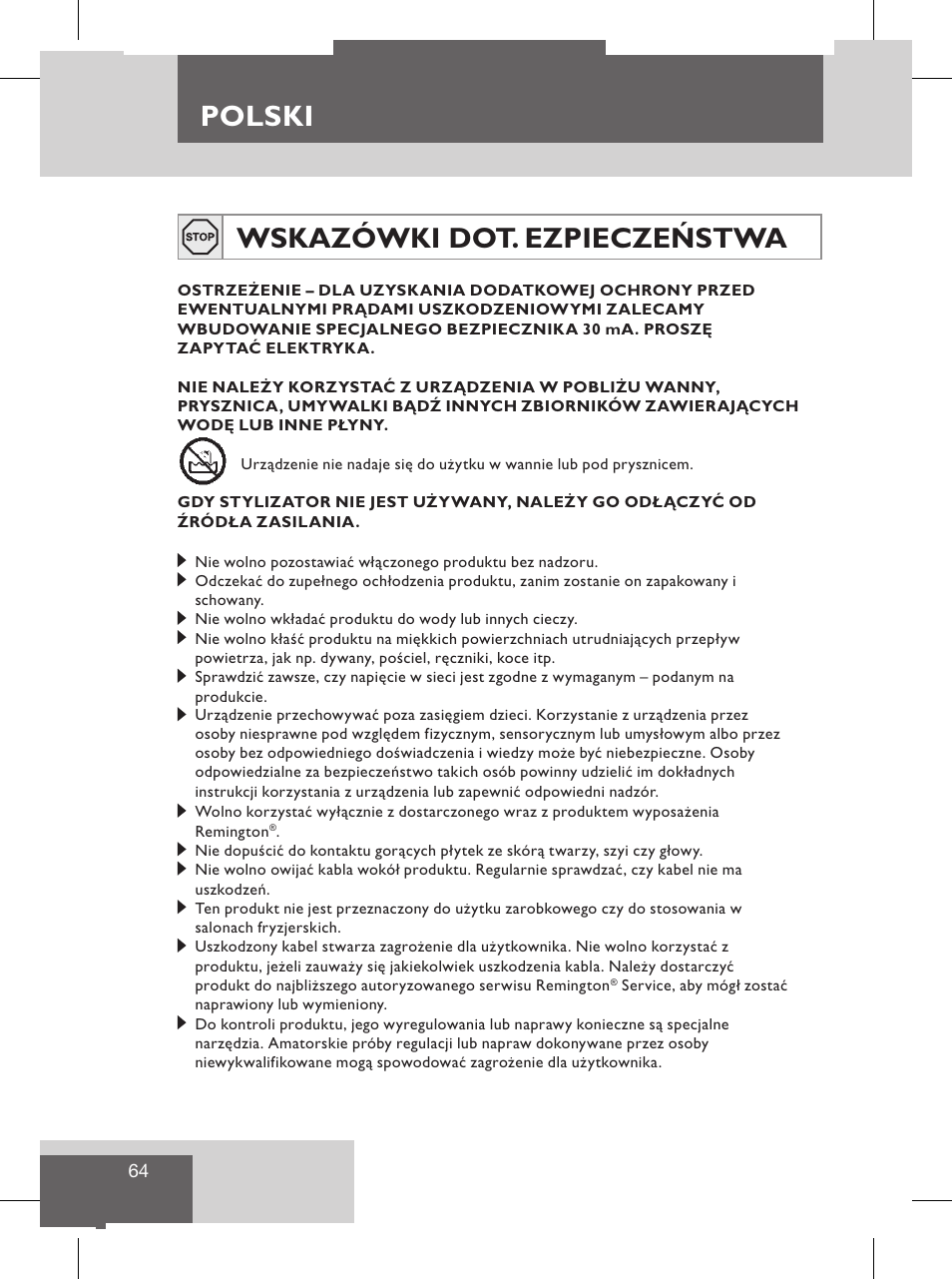 Polski, Serwis i gwarancja, Wskazówki dot. ezpieczeństwa | Ochrona środowiska | Remington S8102 User Manual | Page 66 / 112