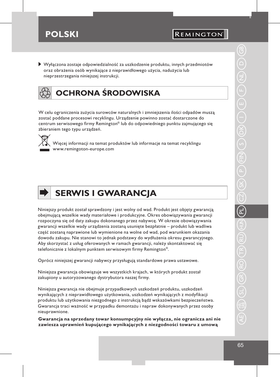 Polski, Serwis i gwarancja, Wskazówki dot. ezpieczeństwa | Ochrona środowiska | Remington S8102 User Manual | Page 67 / 112