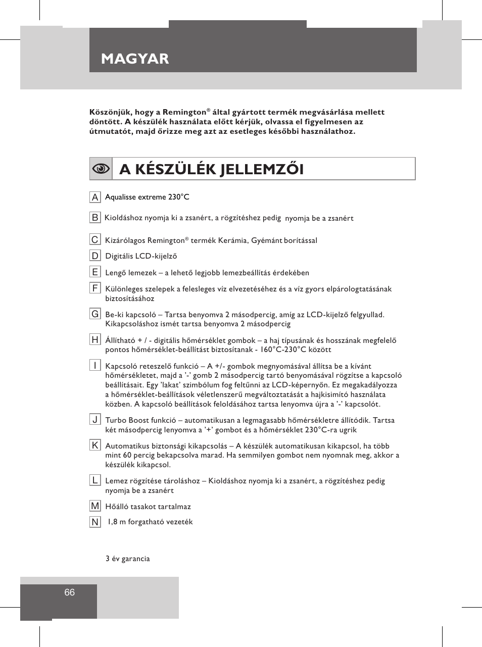 Magyar, A készülék jellemzői, Használati utasítás | Remington S8102 User Manual | Page 68 / 112