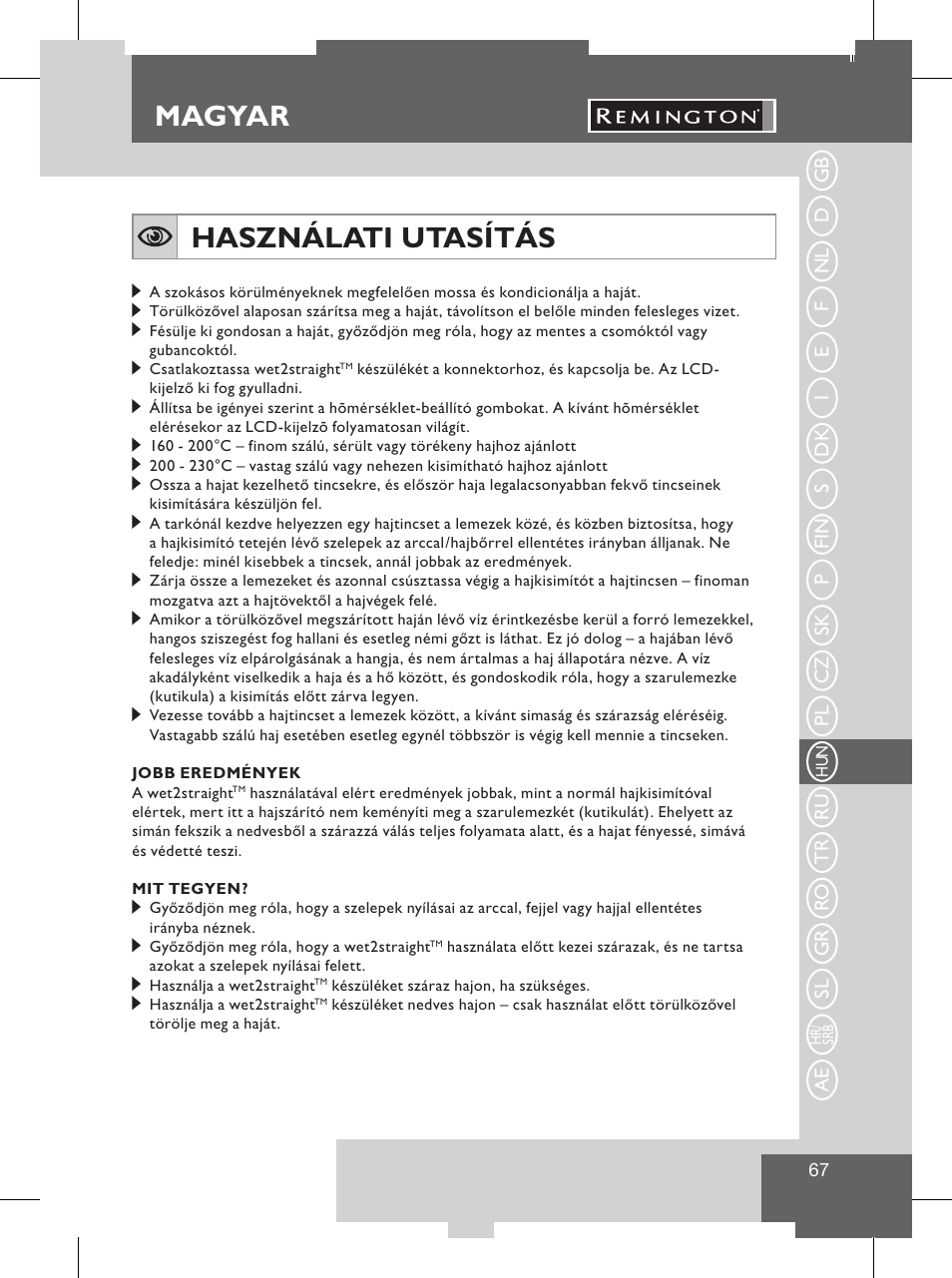 Magyar, A készülék jellemzői, Használati utasítás | Remington S8102 User Manual | Page 69 / 112