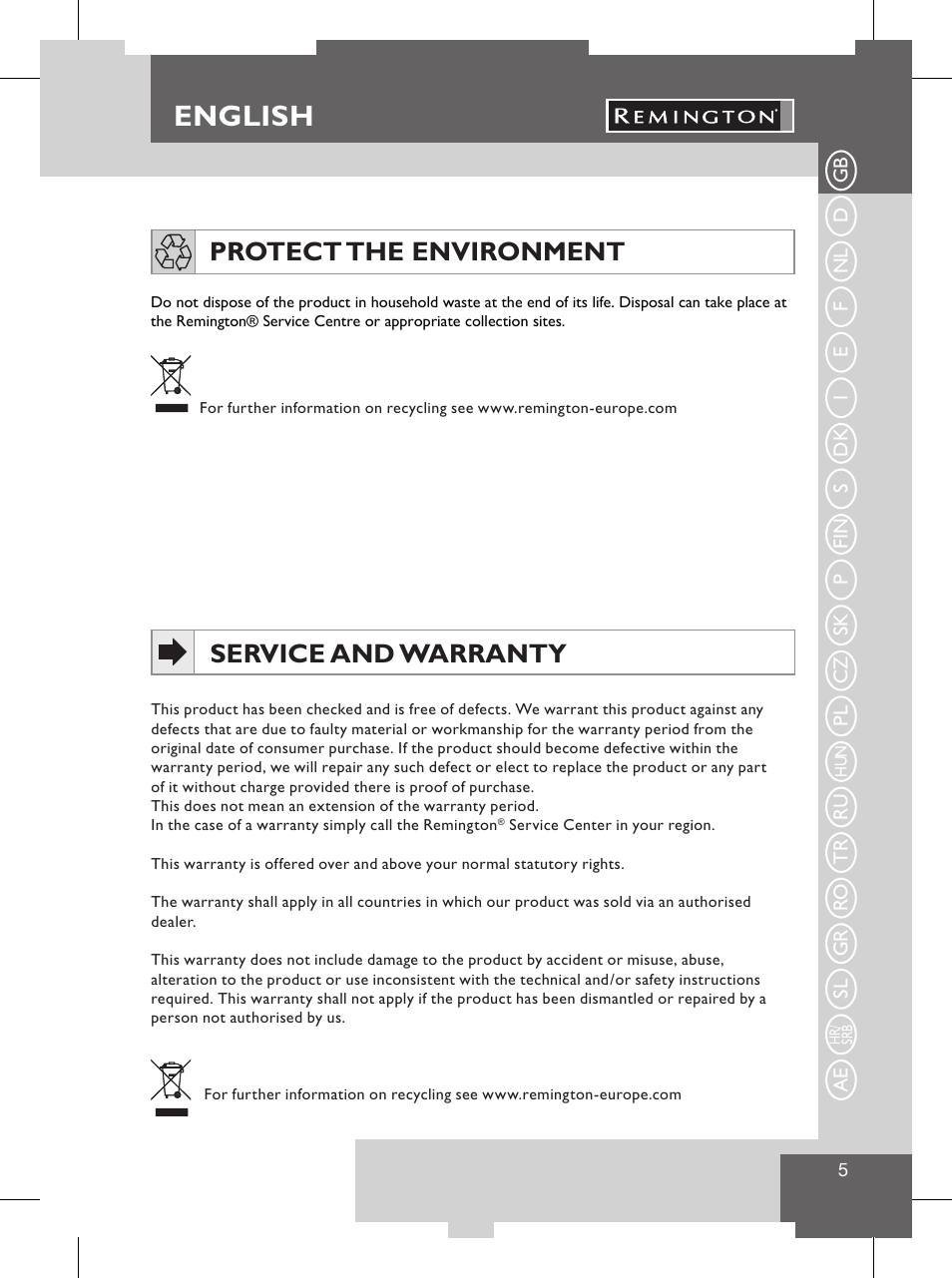 English, Wiring instructions uk plugs only, Service and warranty | Protect the environment, Ru tr ro gr sl ae | Remington S8102 User Manual | Page 7 / 112