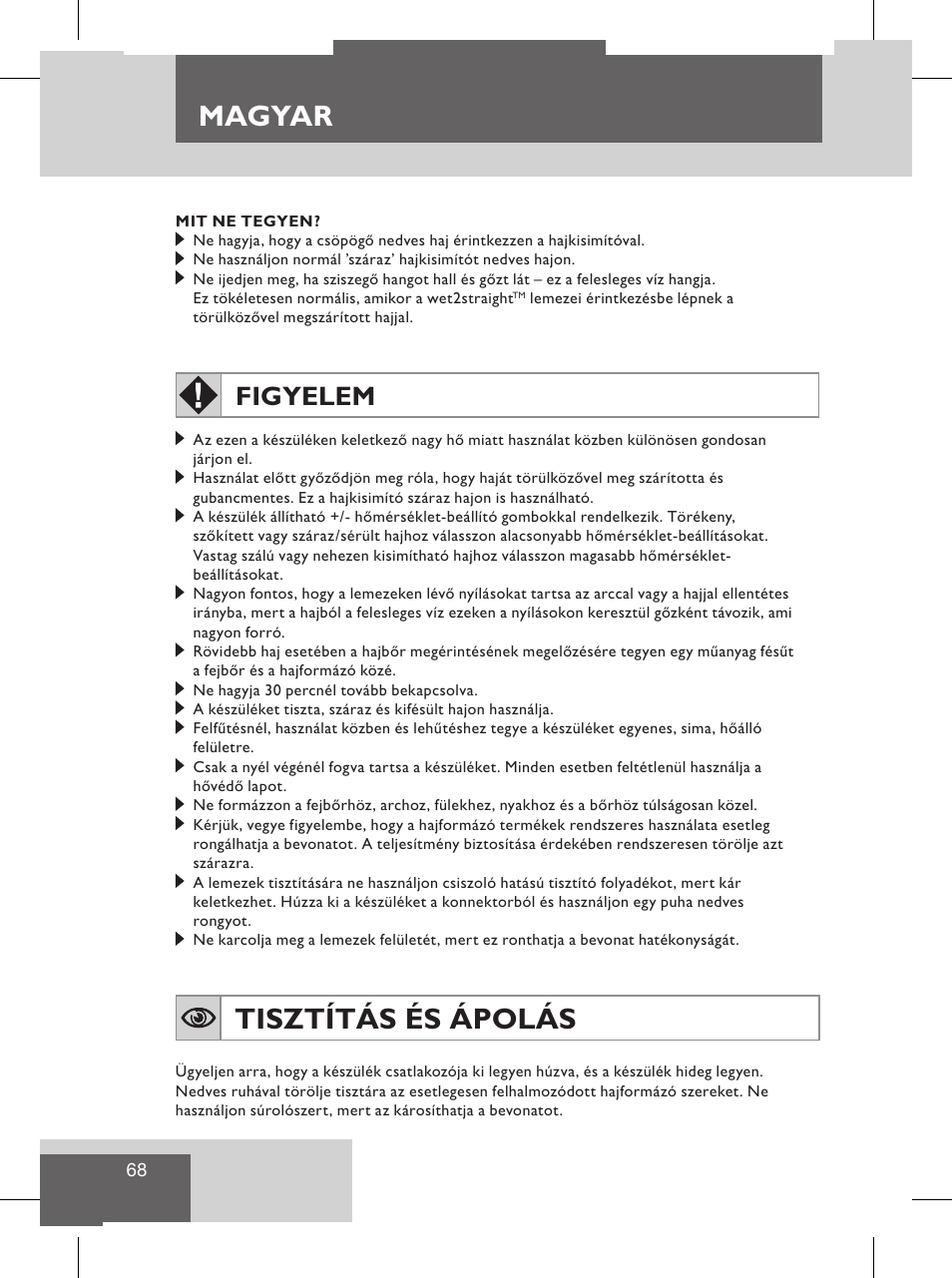 Magyar, Tisztítás és ápolás, Biztonsági tudnivalók | Figyelem | Remington S8102 User Manual | Page 70 / 112