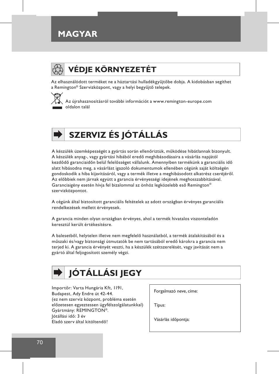 Magyar, Jótállási jegy szerviz és jótállás, Русский | Описание, Védje környezetét | Remington S8102 User Manual | Page 72 / 112