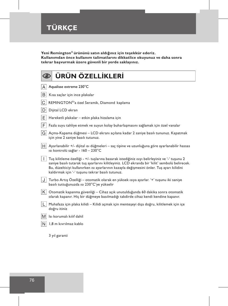 Türkçe, Kullanim talimatlari, Ürün özellikleri | Remington S8102 User Manual | Page 78 / 112