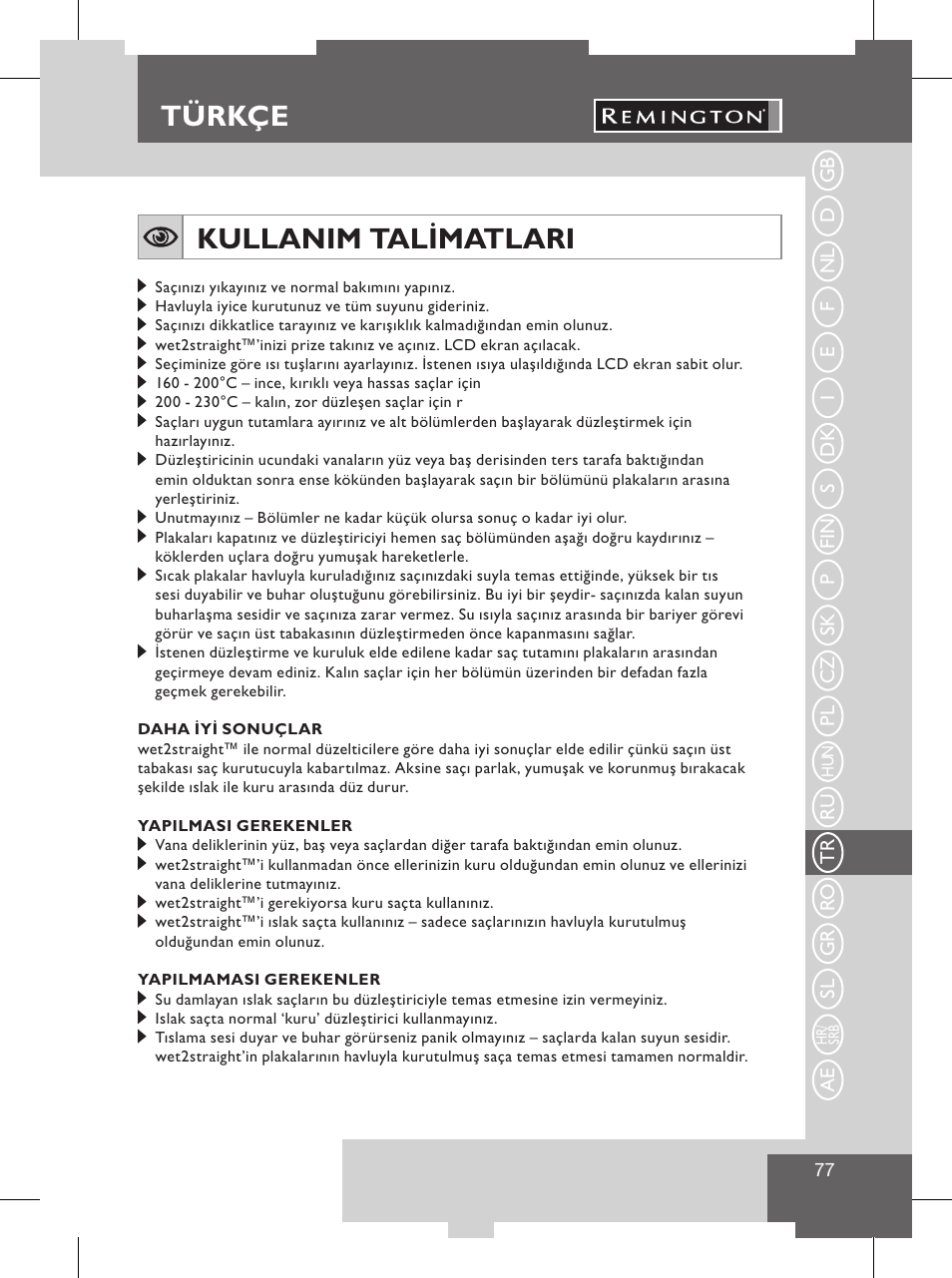 Türkçe, Kullanim talimatlari, Ürün özellikleri | Remington S8102 User Manual | Page 79 / 112
