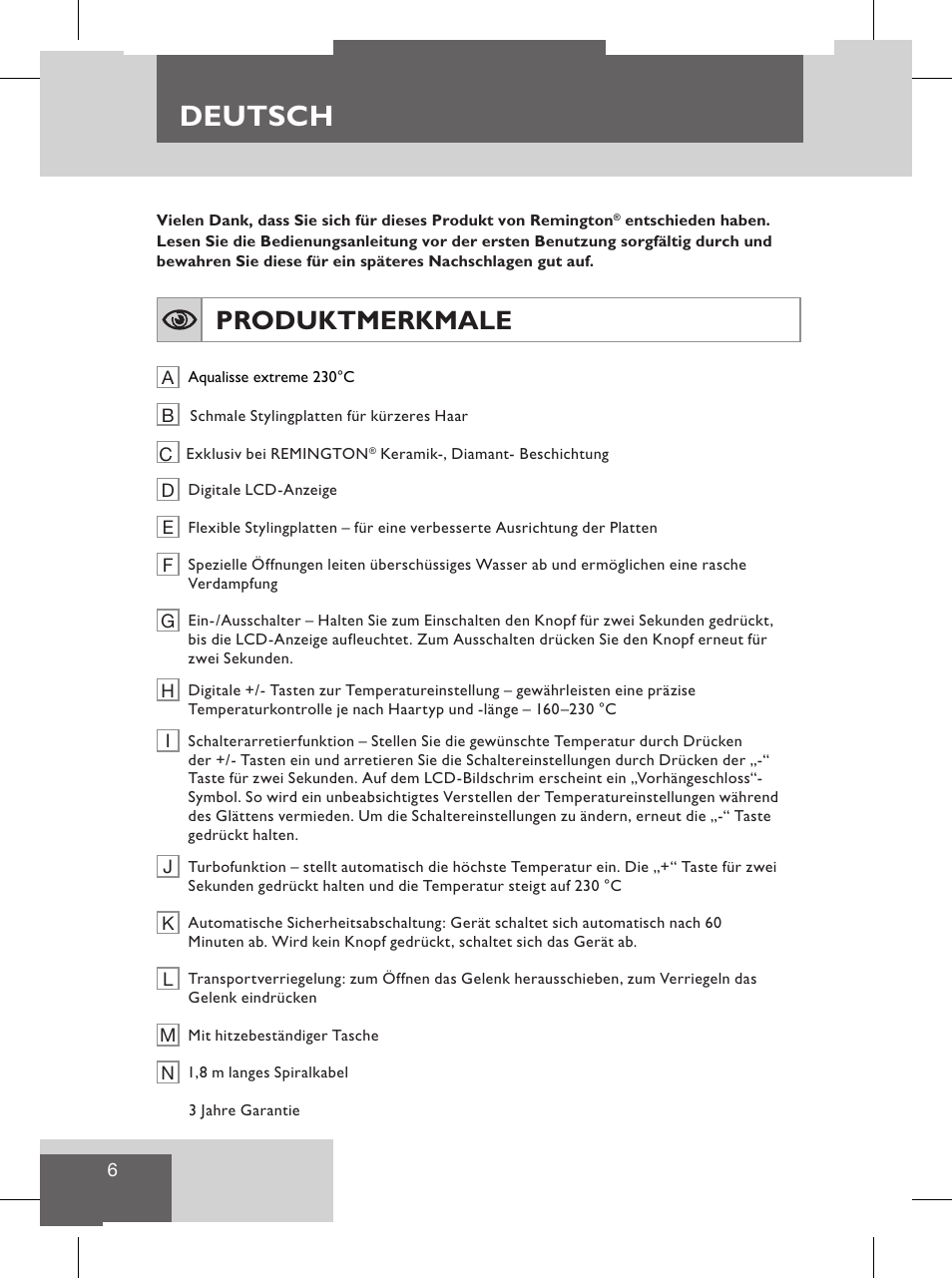 Deutsch, Produktmerkmale, Stylinganleitung | Remington S8102 User Manual | Page 8 / 112