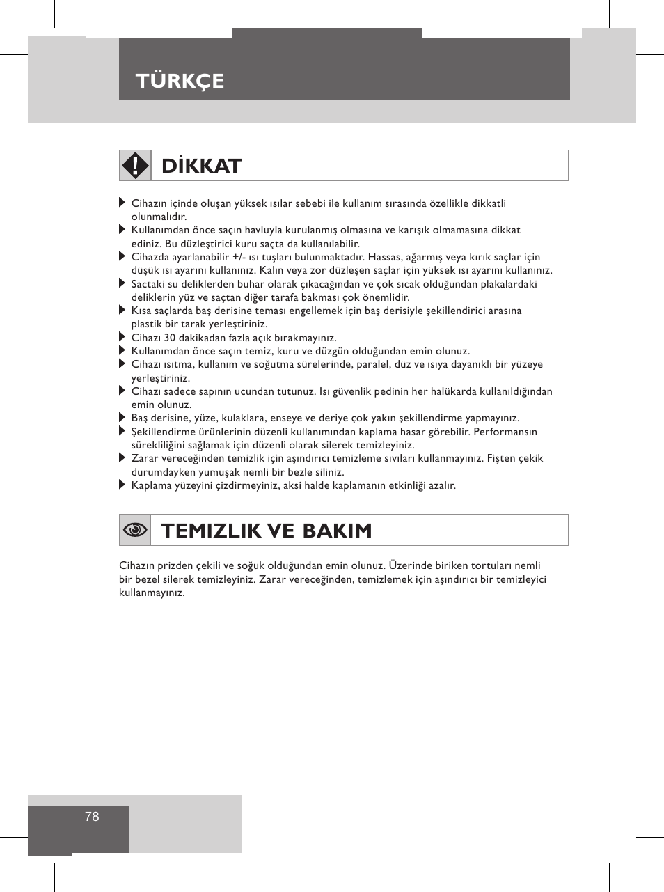 Türkçe, Temizlik ve bakim, Dikkat | Güvenlik uyarilari | Remington S8102 User Manual | Page 80 / 112